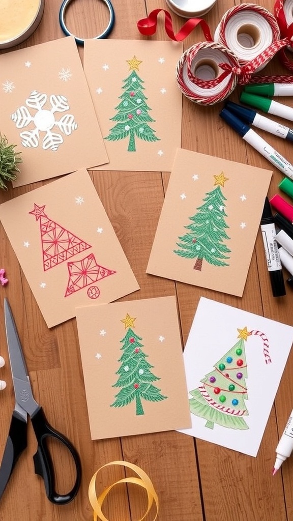 DIY Kraft Card Christmas Cards A display of DIY Christmas cards made from kraft card stock with festive decorations on a wooden table.